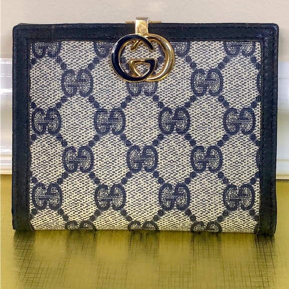 GUCCI GG Web Monogram Navy Blue Leather Coated Canvas Compact Bifold Wallet - Picture 1 of 17